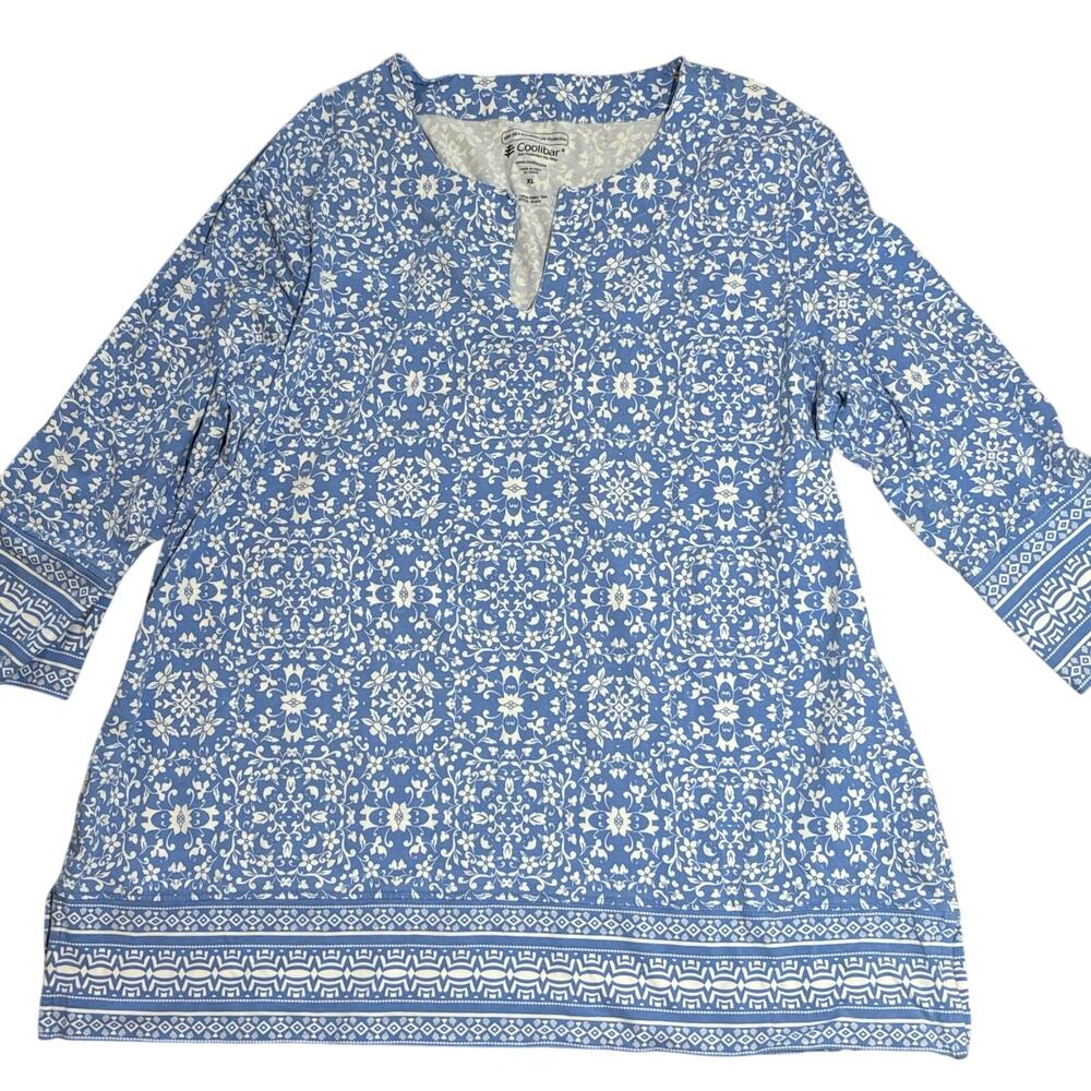Coolibar St Lucia Tunic Top XL UPF 50+ Blue White Floral 3/4 Sleeve Sun Shirt